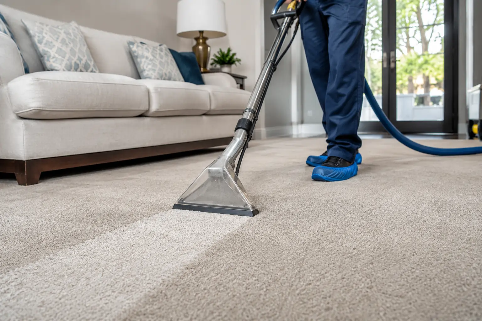 Professional carpet cleaning in a modern living room.