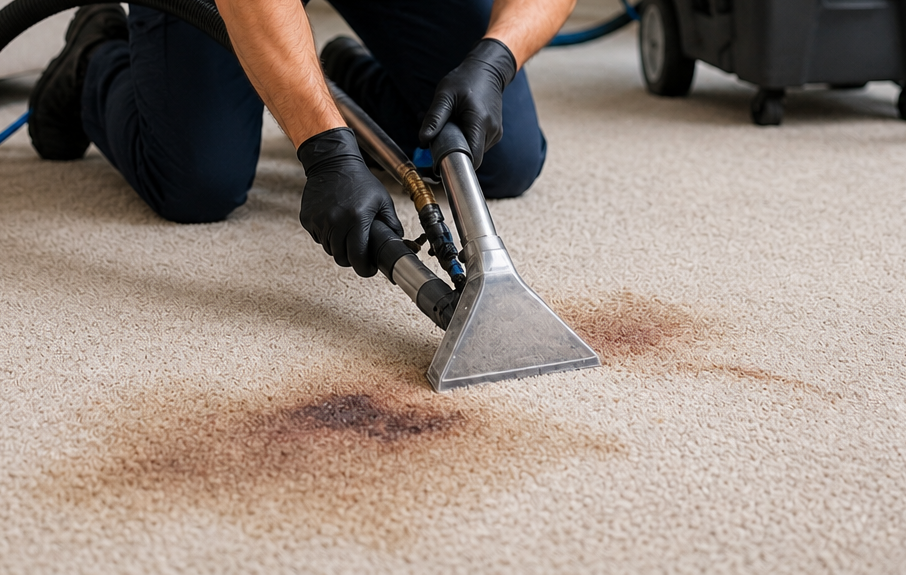 Professional carpet stain removal technician using deep extraction equipment on residential carpet.